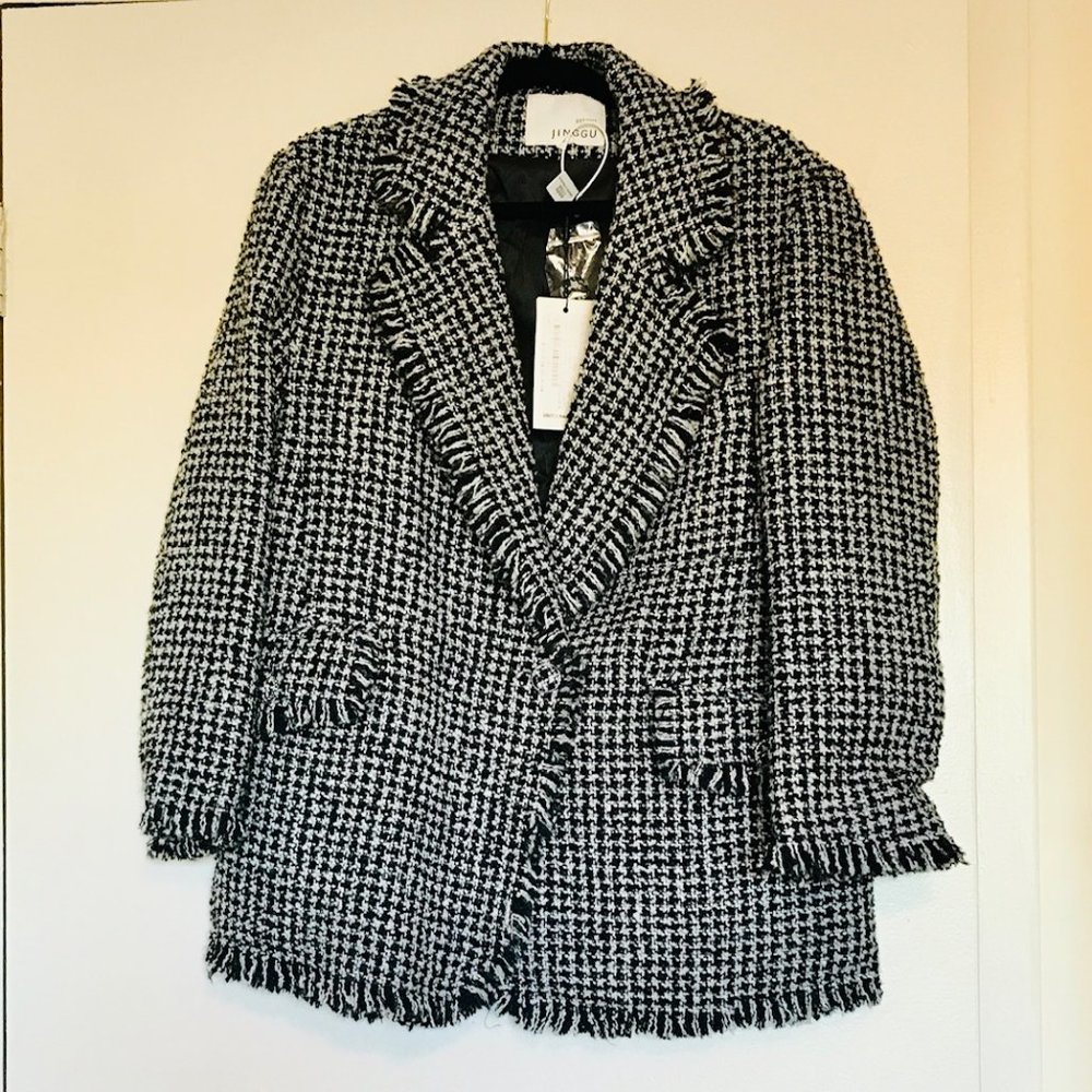 Jinggu Houndstooth Black and White Tweed Blazer Size L, NWT